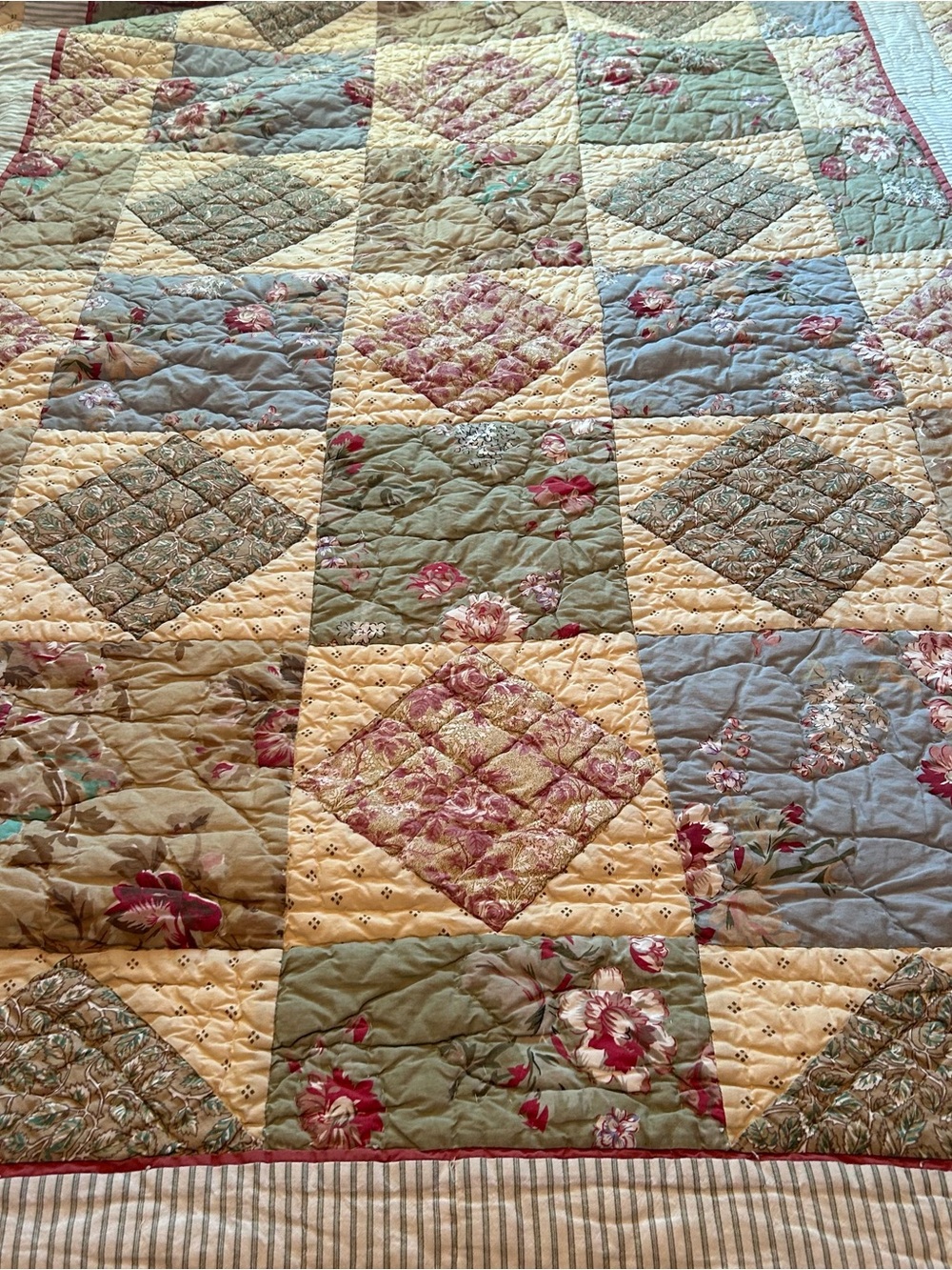 Floral Patchwork Quilt in Green, Blue & Cream - Classic Cottage Style